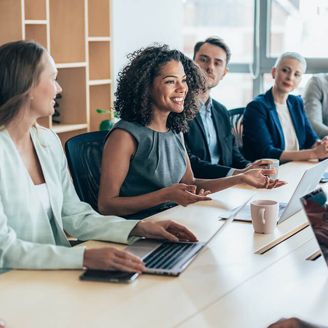 Diverse group of people sitting at a conference table.