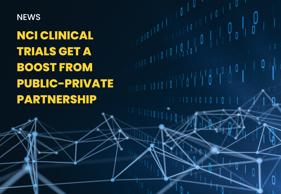 An image of ones and zeros and lines indicating information technology is the background for a news headline: NCI Clinical Trials Get a Boost from Public-Private Partnership